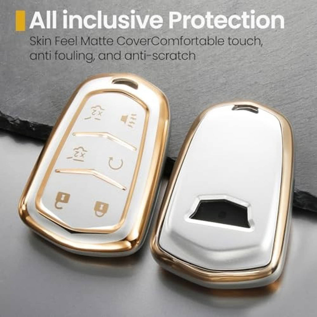 Gold and silver key fob covers with button window and open cutout for the key