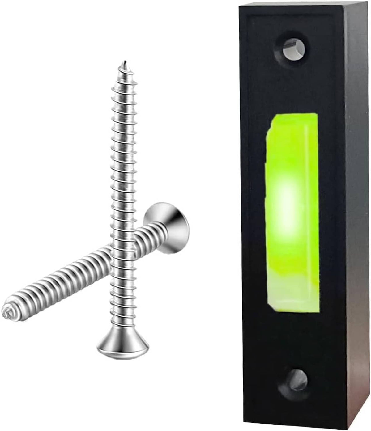 Wired doorbell push button with black panel, glowing green LED strip, and metal coil wires