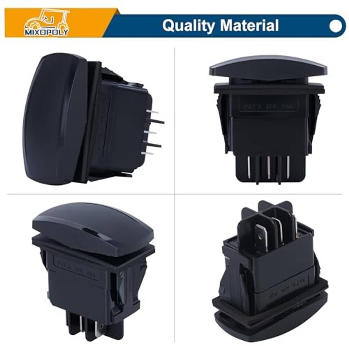 Black forward-reverse golf cart switch with protective cover, multi-angle views