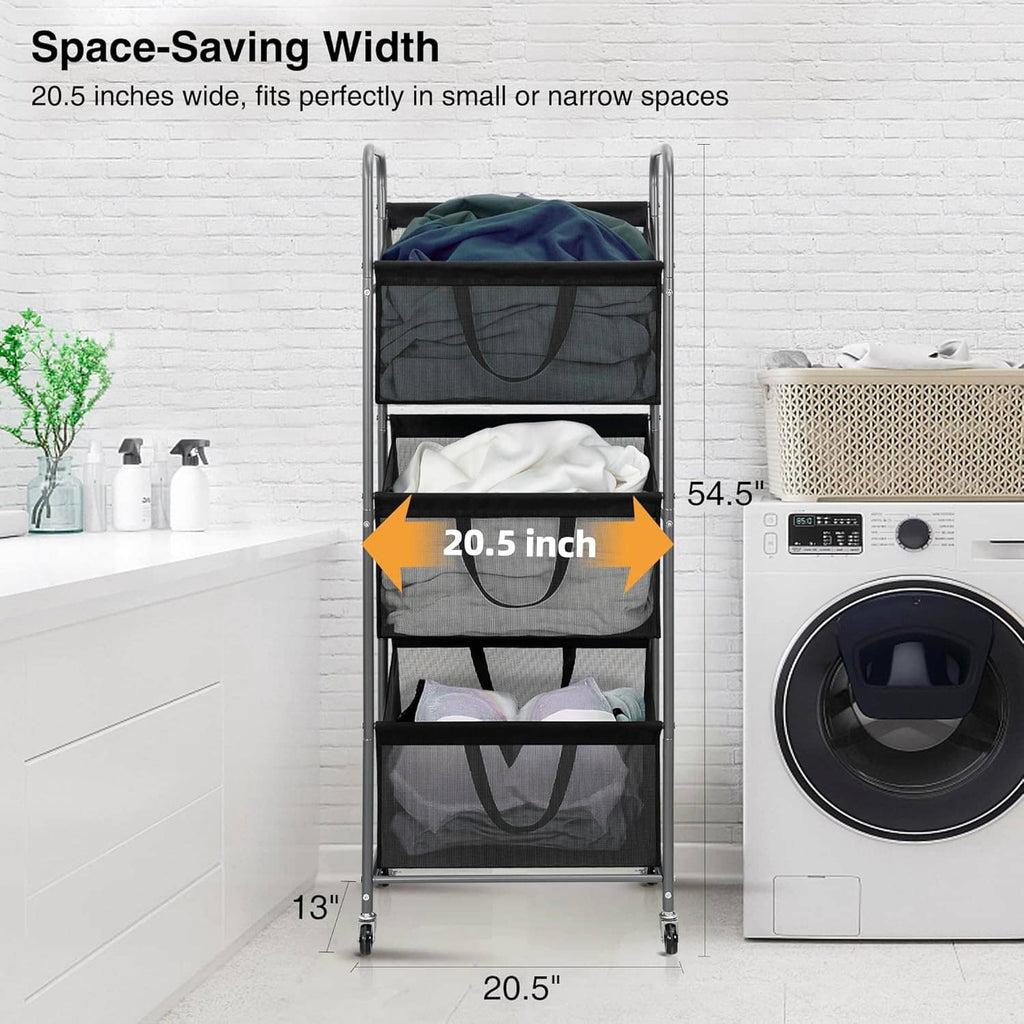 3-tier rolling laundry hamper with stackable mesh bags in a narrow space