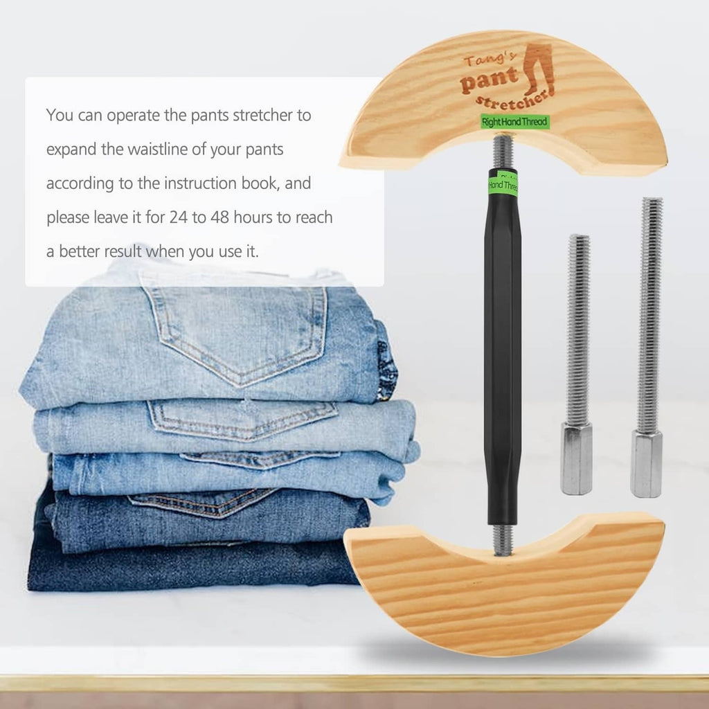 Pant waist stretcher beside folded blue jeans with black handle and screw rods
