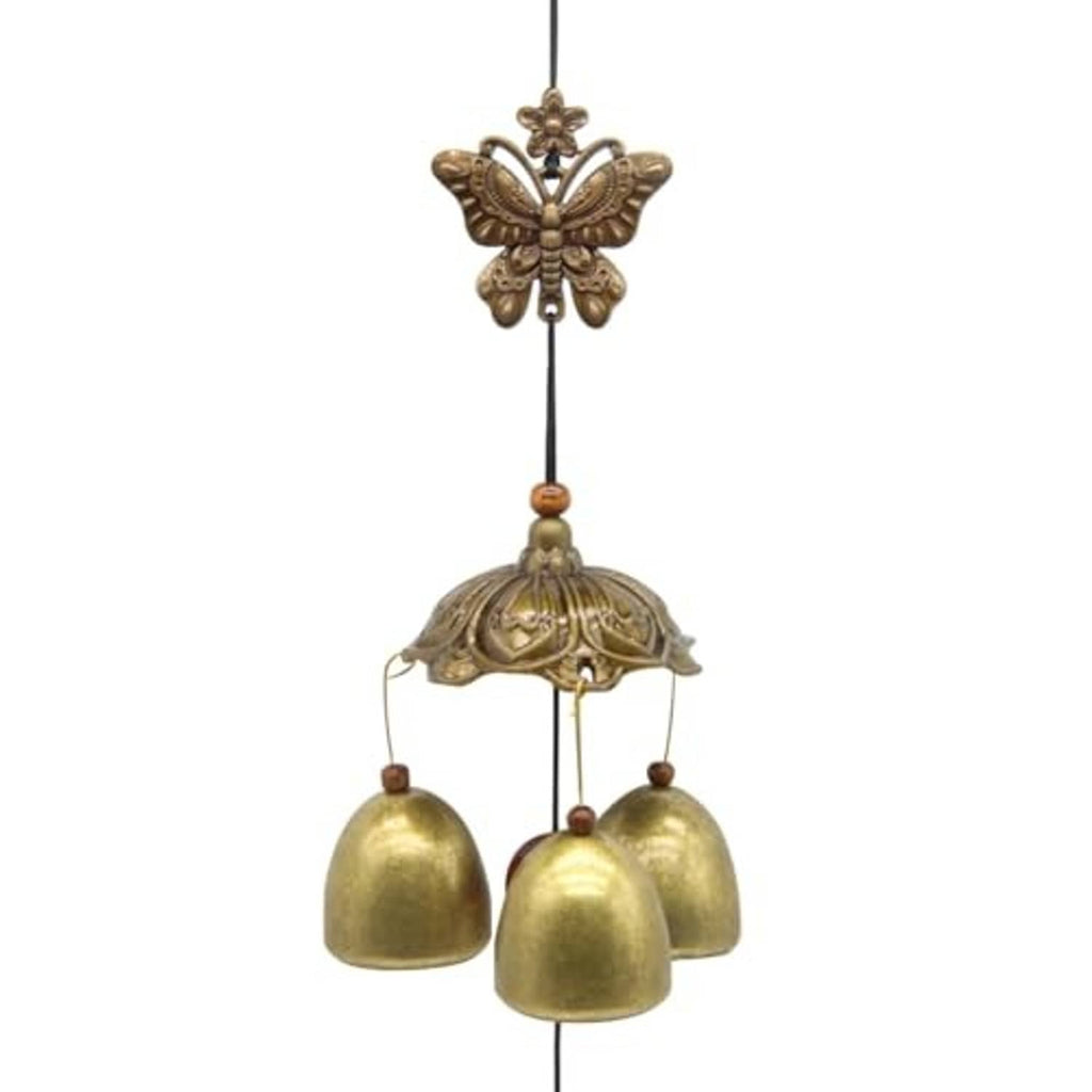 Gold-toned metal butterfly wind chime with four rounded hanging bells