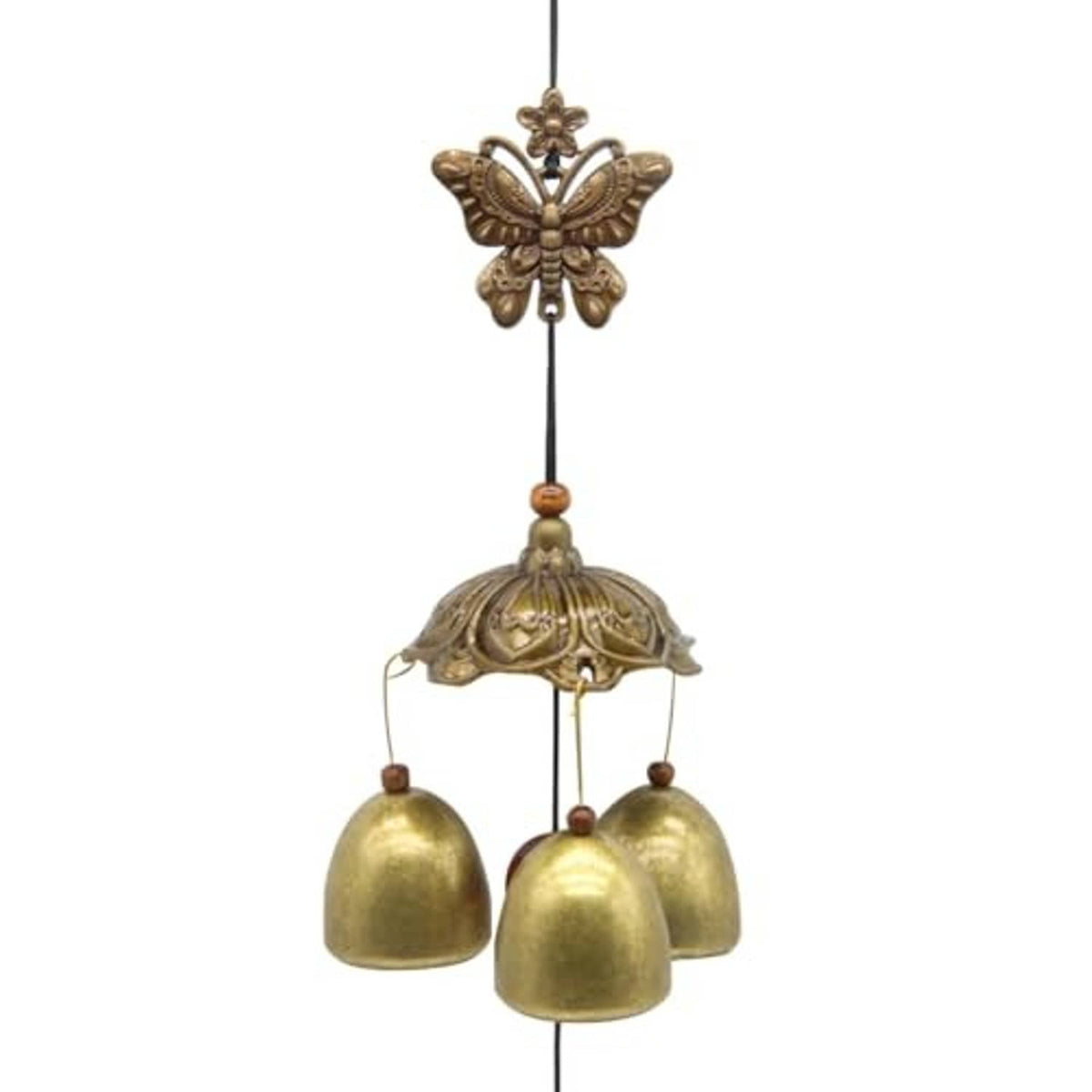 Gold-toned metal butterfly wind chime with four rounded hanging bells