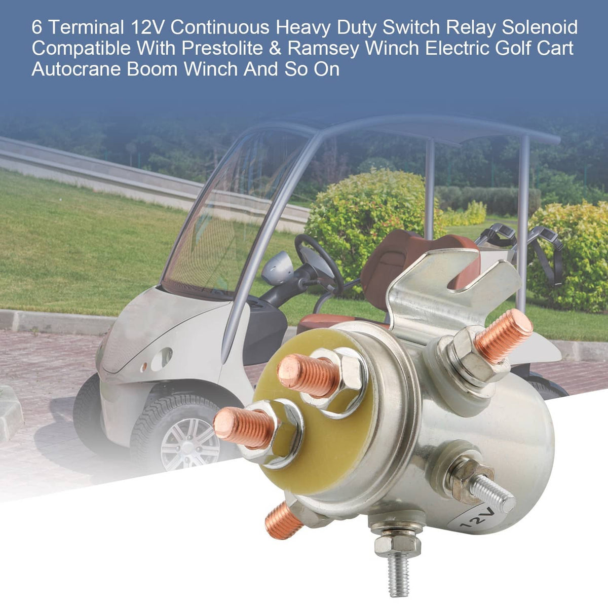 12V continuous-duty solenoid relay with copper terminals and yellow insulator ring