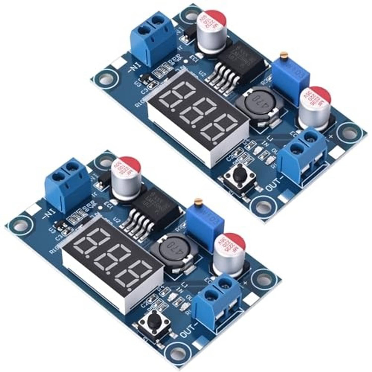 Blue LM2596 DC-DC buck converter board with 7-segment LED display and blue terminal blocks