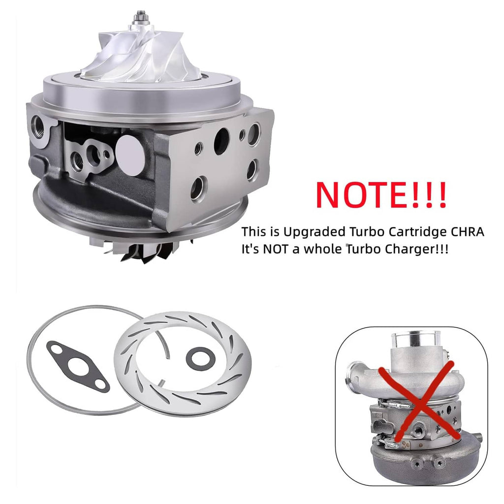 Turbo cartridge CHRA with metal housing and included gasket/cover parts.