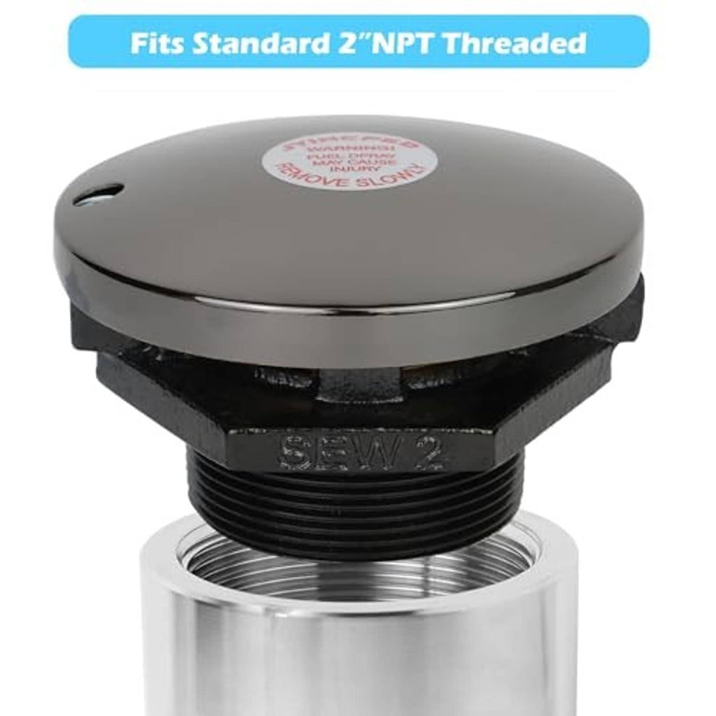Black vented fuel transfer cap with threaded outlet for NPT fittings