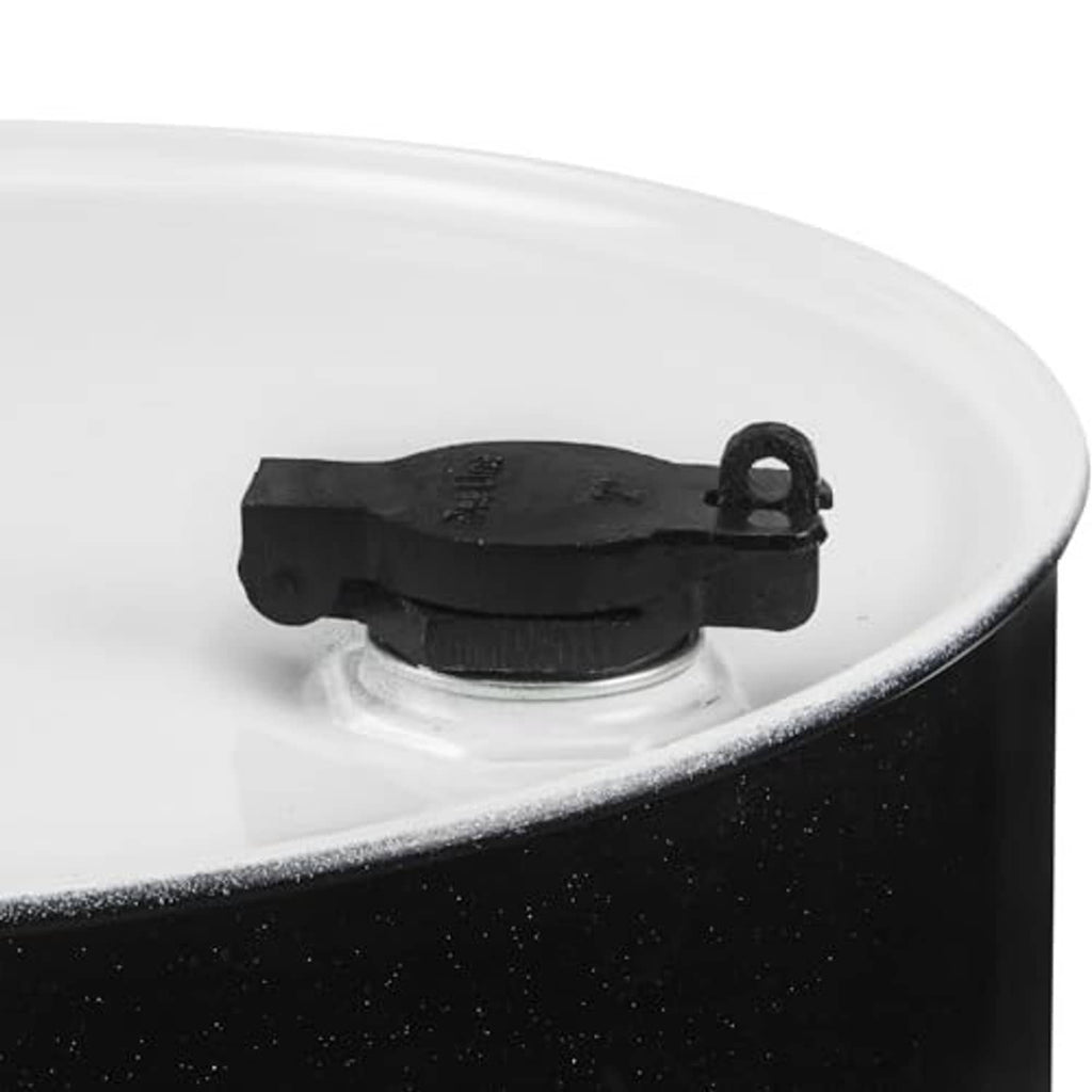 Black flip-top vented locking fill cap mounted on container top opening