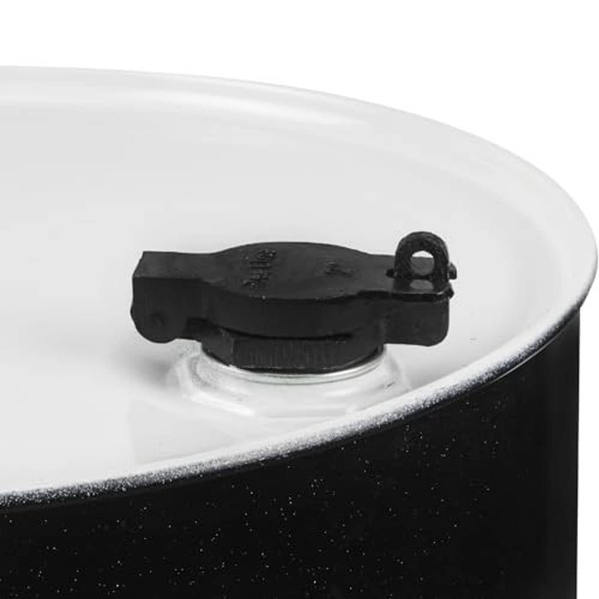 Black flip-top vented locking fill cap mounted on container top opening