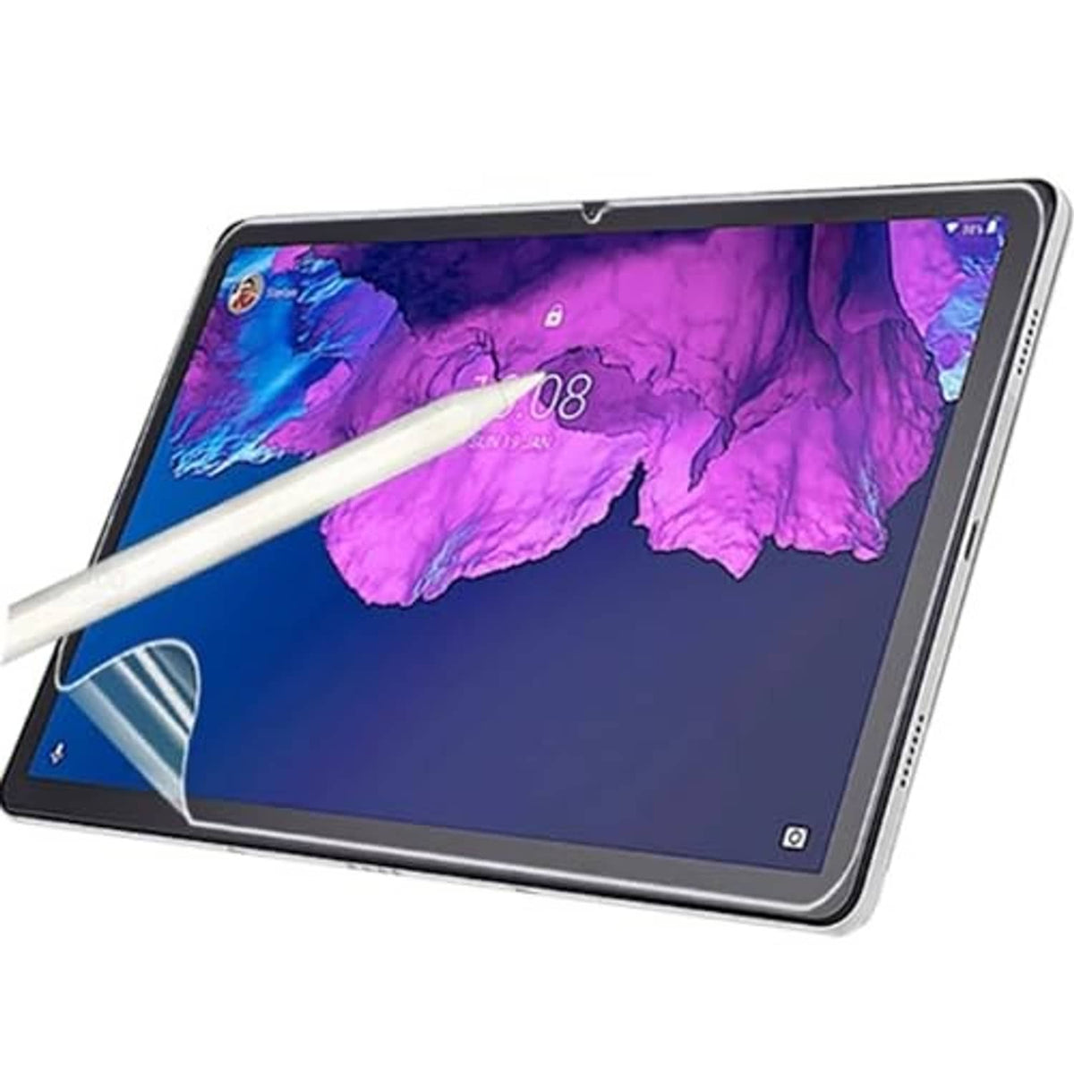 Tablet screen protector film covering screen with alignment strip visible