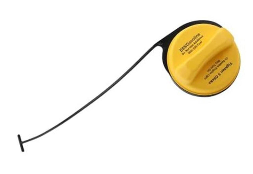 Fuel tank filler cap with yellow top and black handle tether