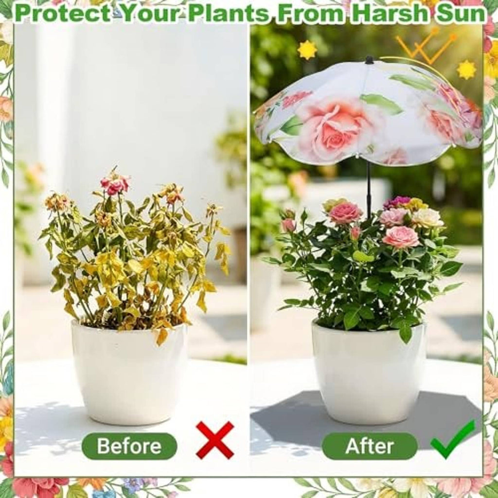 Floral plant umbrella canopy protecting potted plants from harsh sun