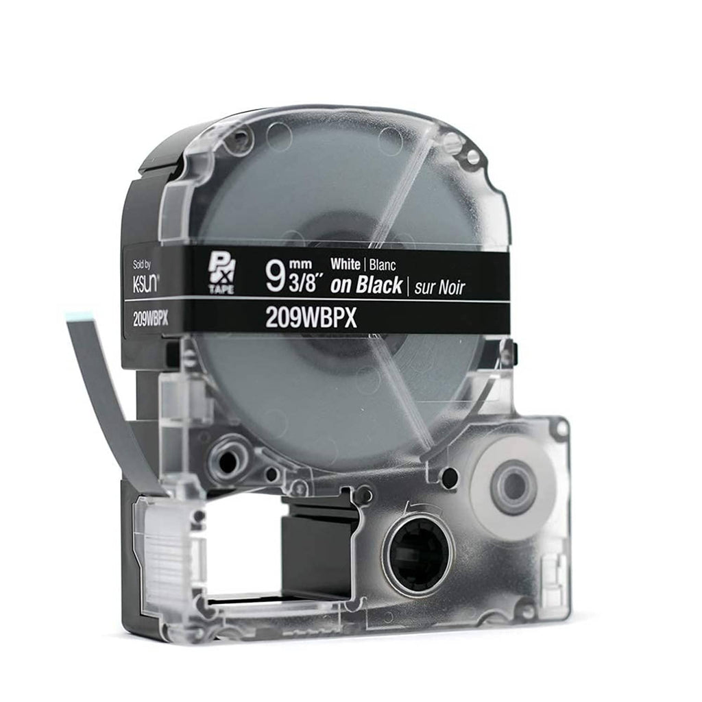 Epson LabelWorks PX tape cartridge, angled front view, 9 3/8-in black tape with white text (209WBXP)