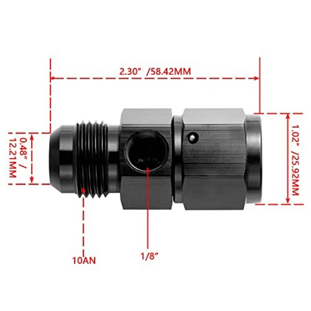 Dimension diagram for male-to-female swivel AN fitting with 1/8 NPT port
