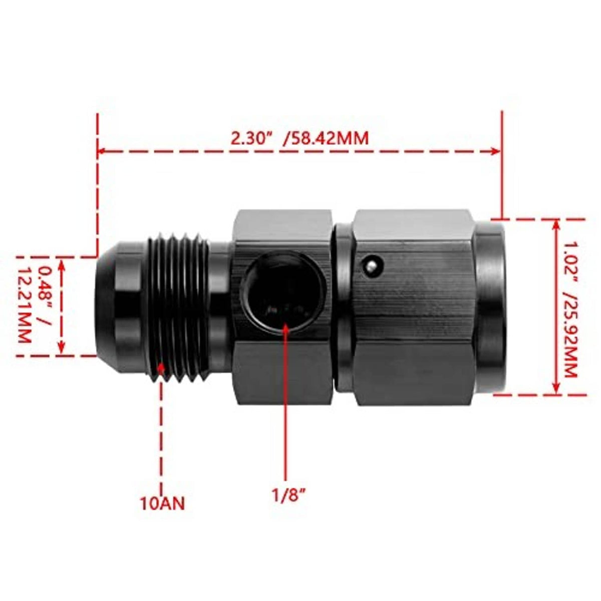 Dimension diagram for male-to-female swivel AN fitting with 1/8 NPT port