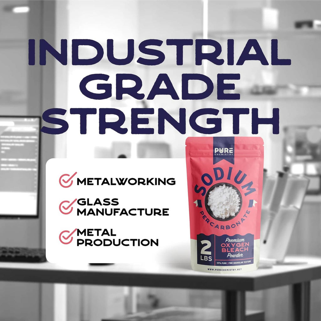 Oxygen bleach powder pouch labeled 2 lbs on industrial shelf