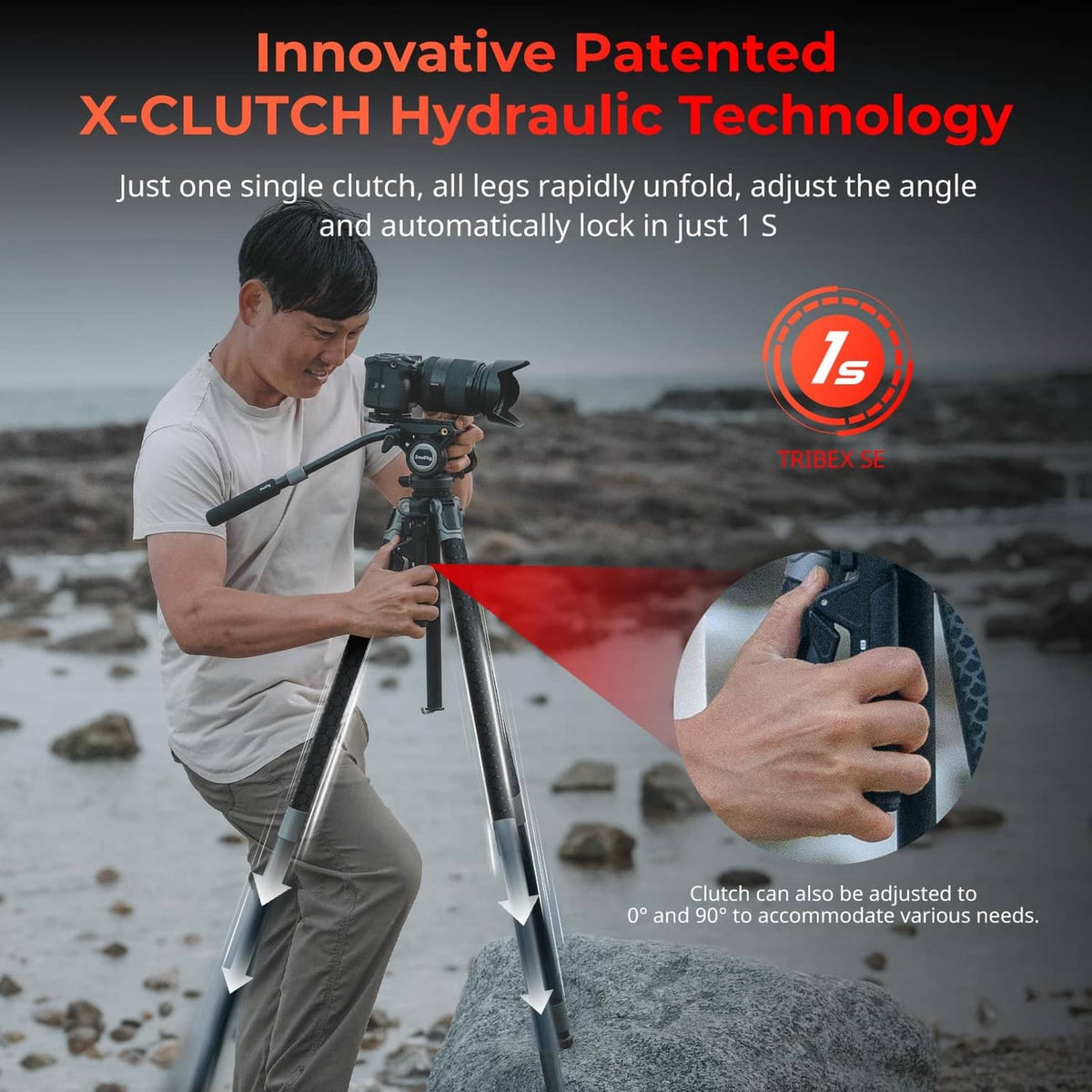 Black tripod with hydraulic fluid head and one-touch controls, compact standing setup