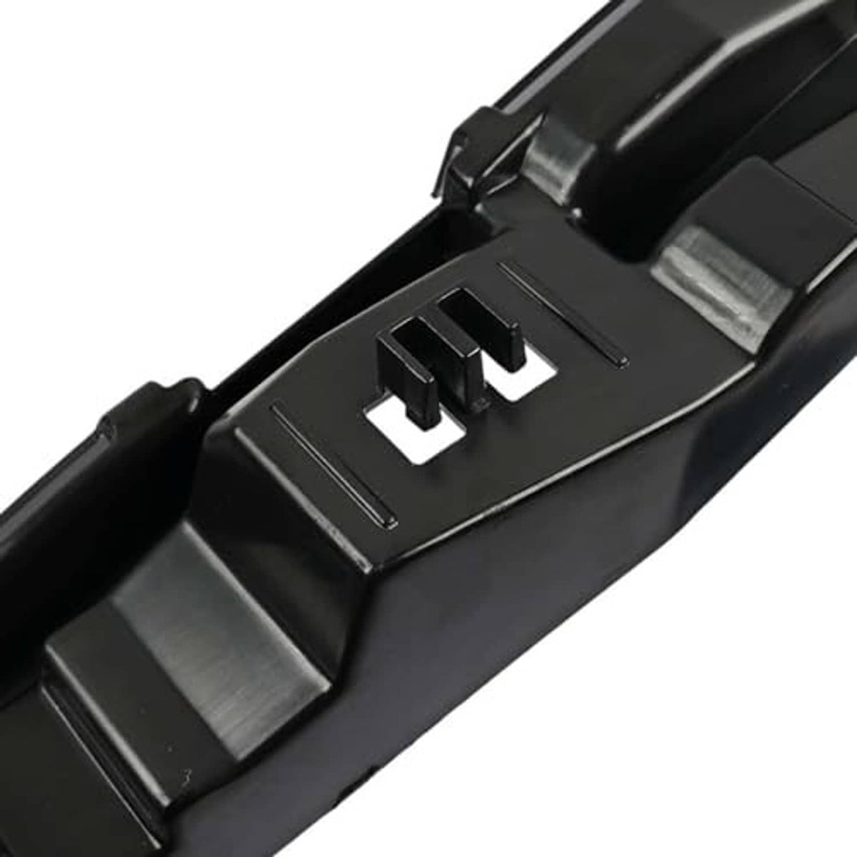 Front bumper cover support bracket detail with square clip feature and textured surfaces