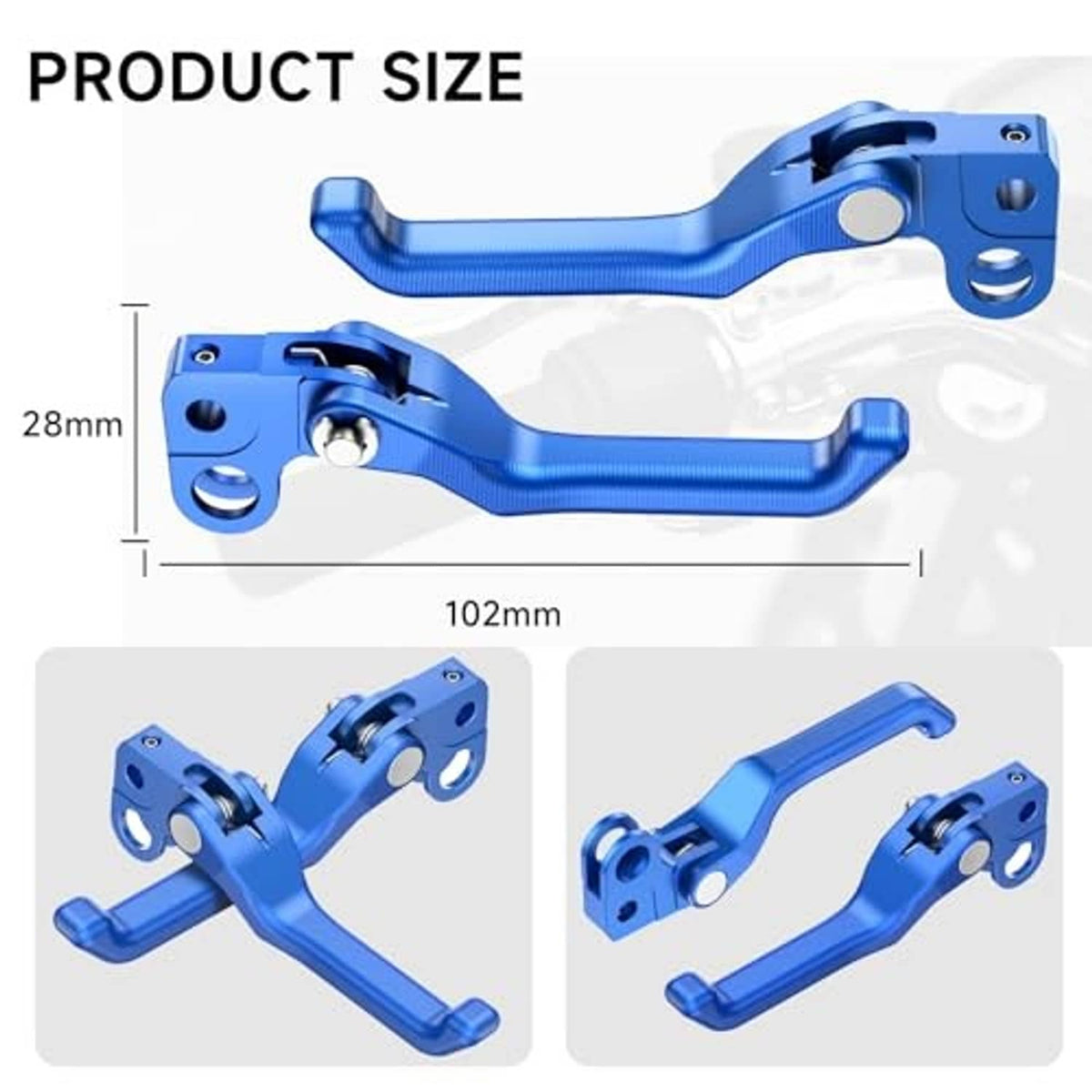 Blue front brake lever with foldable arm and mounting bracket, shown with size layout