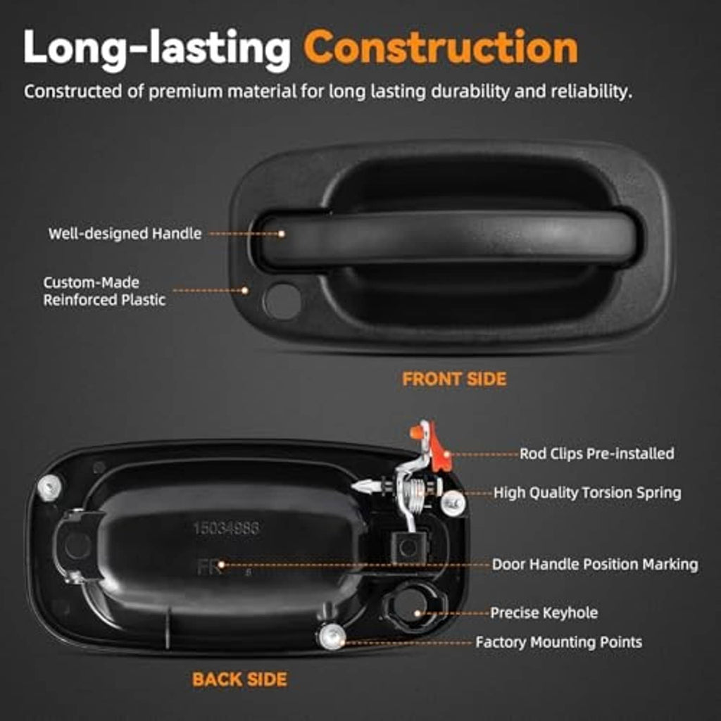 Textured black exterior door handle with keyhole, cutaway parts diagram