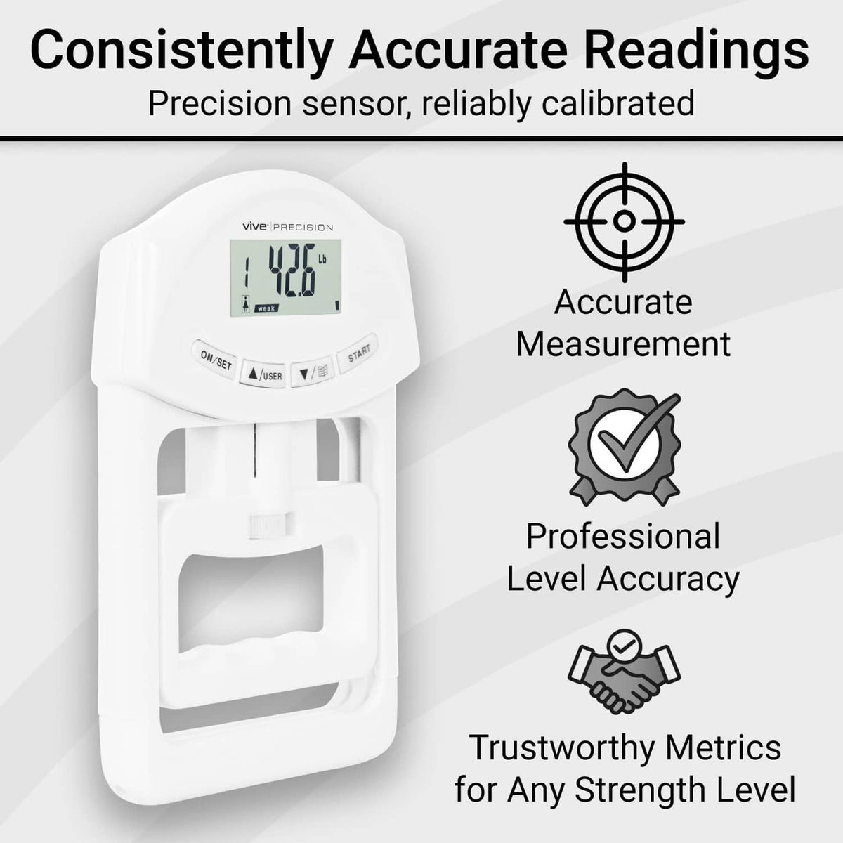 White grip strength tester base with LCD display and accuracy target icon