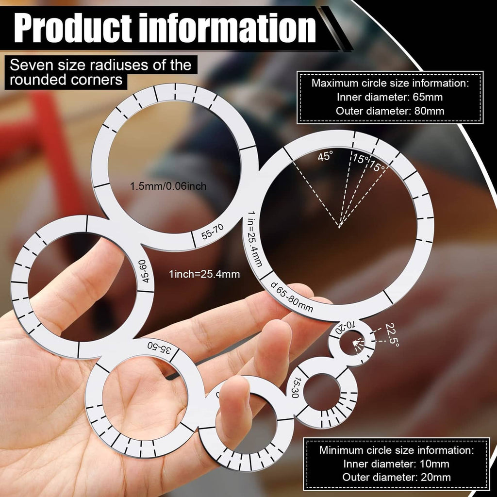 Leather corner cutting ruler set with multiple circular sizes, held in hand for shaping corners
