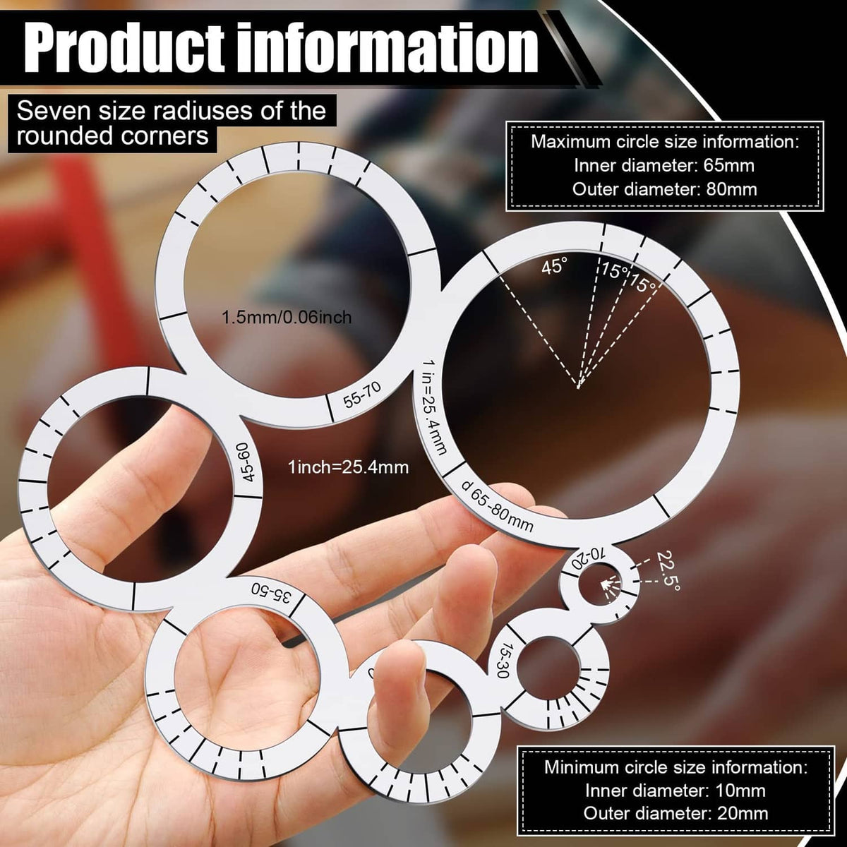 Leather corner cutting ruler set with multiple circular sizes, held in hand for shaping corners