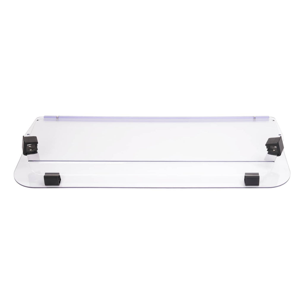 Clear vented windshield with purple-tinted trim and black corner mounting blocks