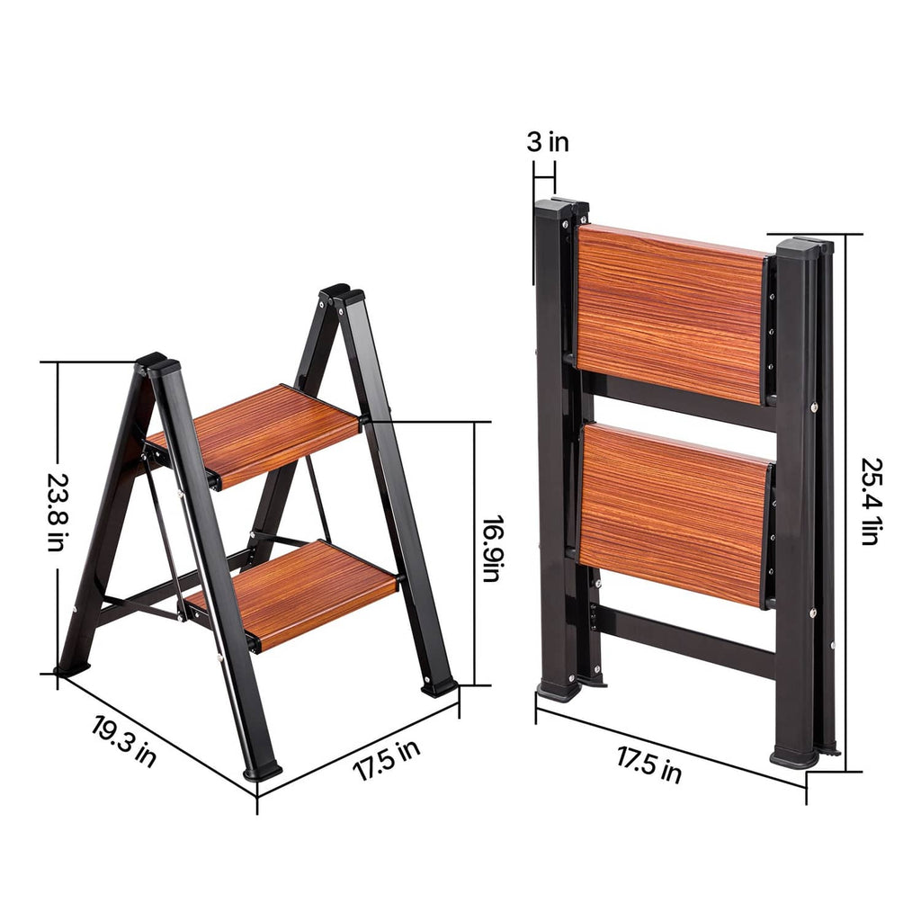 2-step folding ladder with dimensions shown; dark frame and brown wood steps