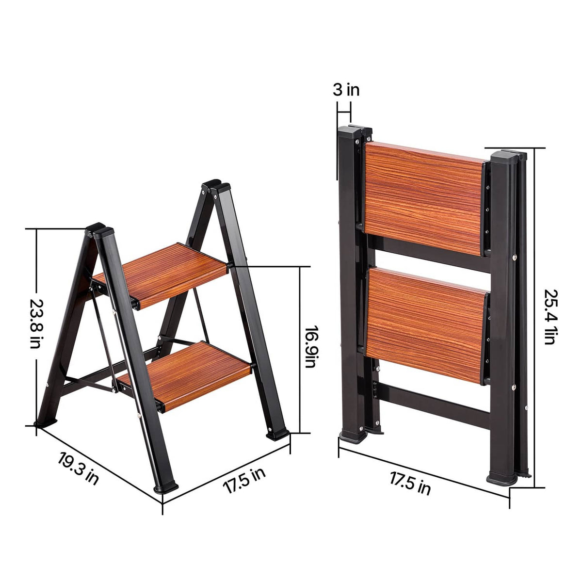 2-step folding ladder with dimensions shown; dark frame and brown wood steps