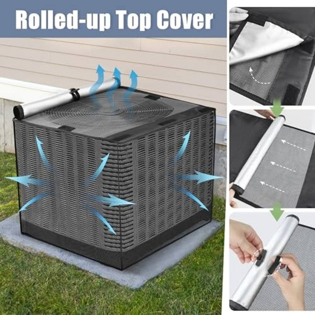 Outdoor AC cover with rolled-up top panel for ventilation and airflow