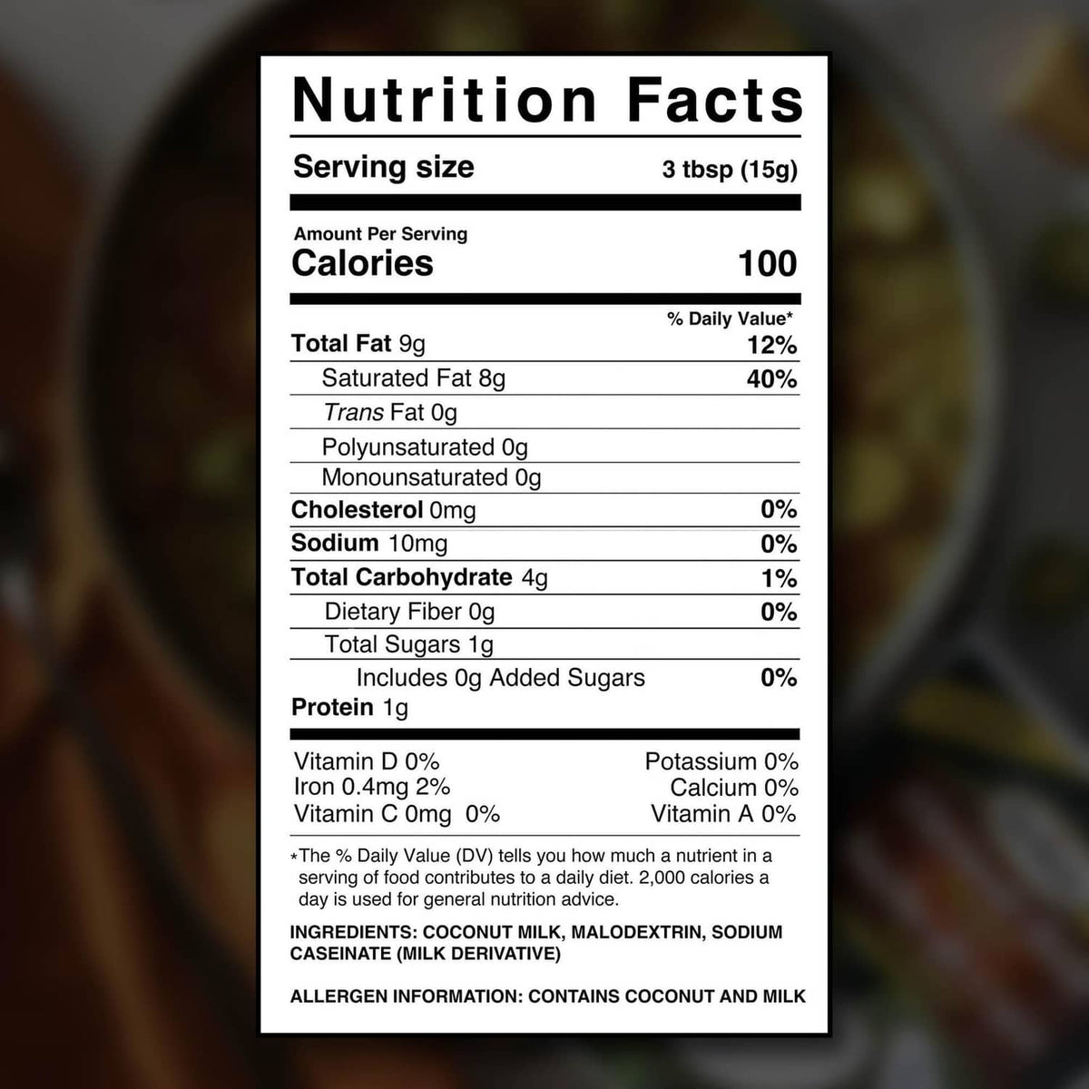 Grace coconut milk powder nutrition facts panel with serving size and ingredients