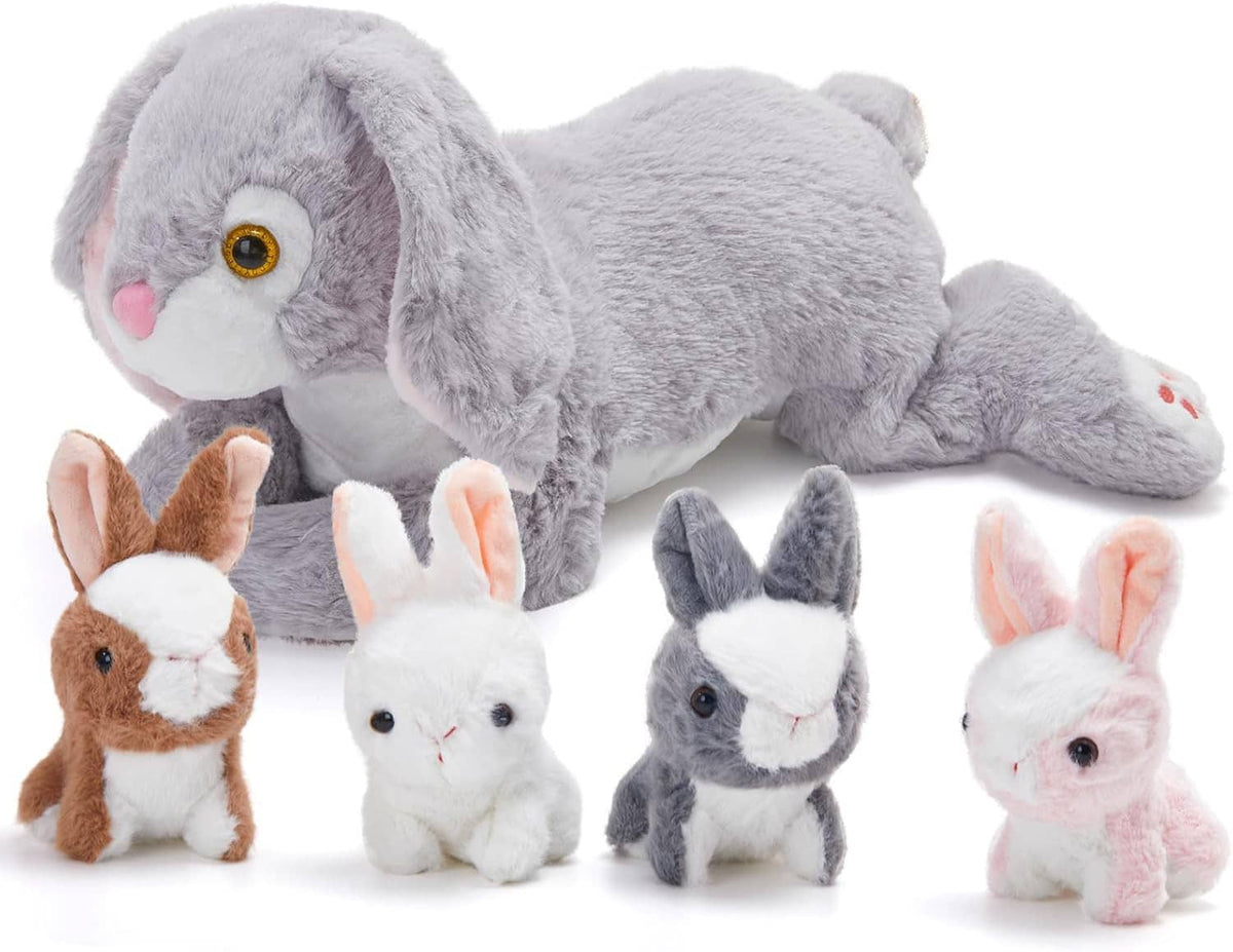 Five-piece bunny plush set with one large gray bunny and four small rabbits