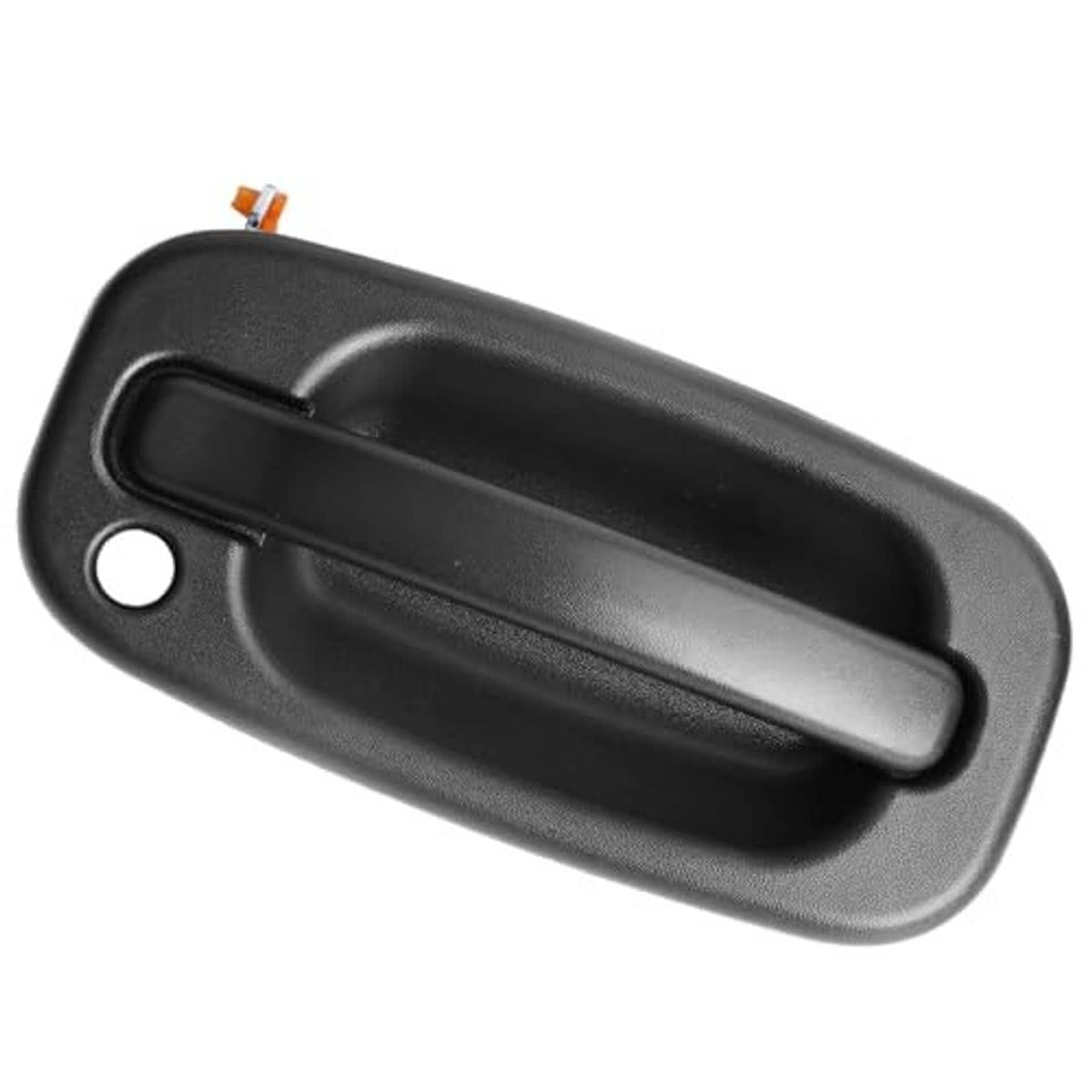Black exterior door handle with oval frame and recessed handle grip