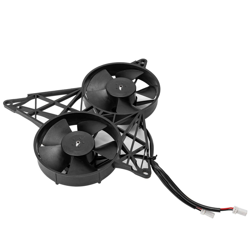 Black dual cooling fan assembly with crisscross bracket and two fan motors