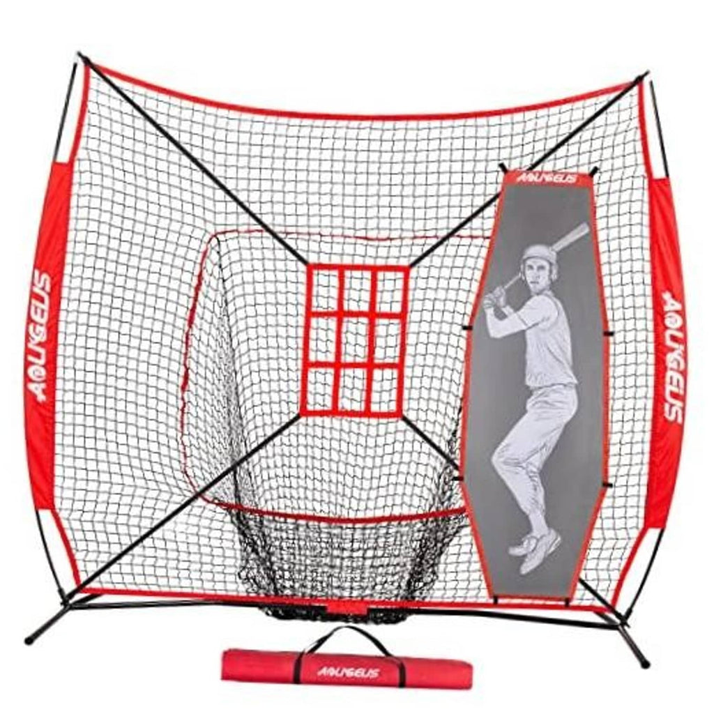 Baseball practice net with red mesh, black frame, strike-zone target grid and batter dummy