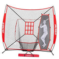 Baseball practice net with red mesh, black frame, strike-zone target grid and batter dummy