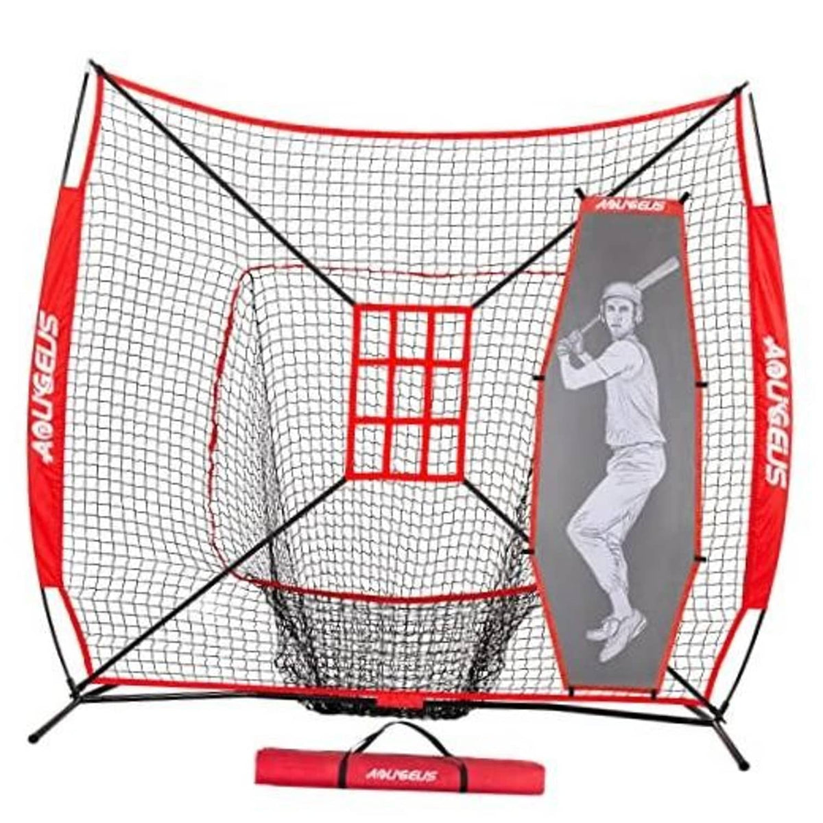 Baseball practice net with red mesh, black frame, strike-zone target grid and batter dummy