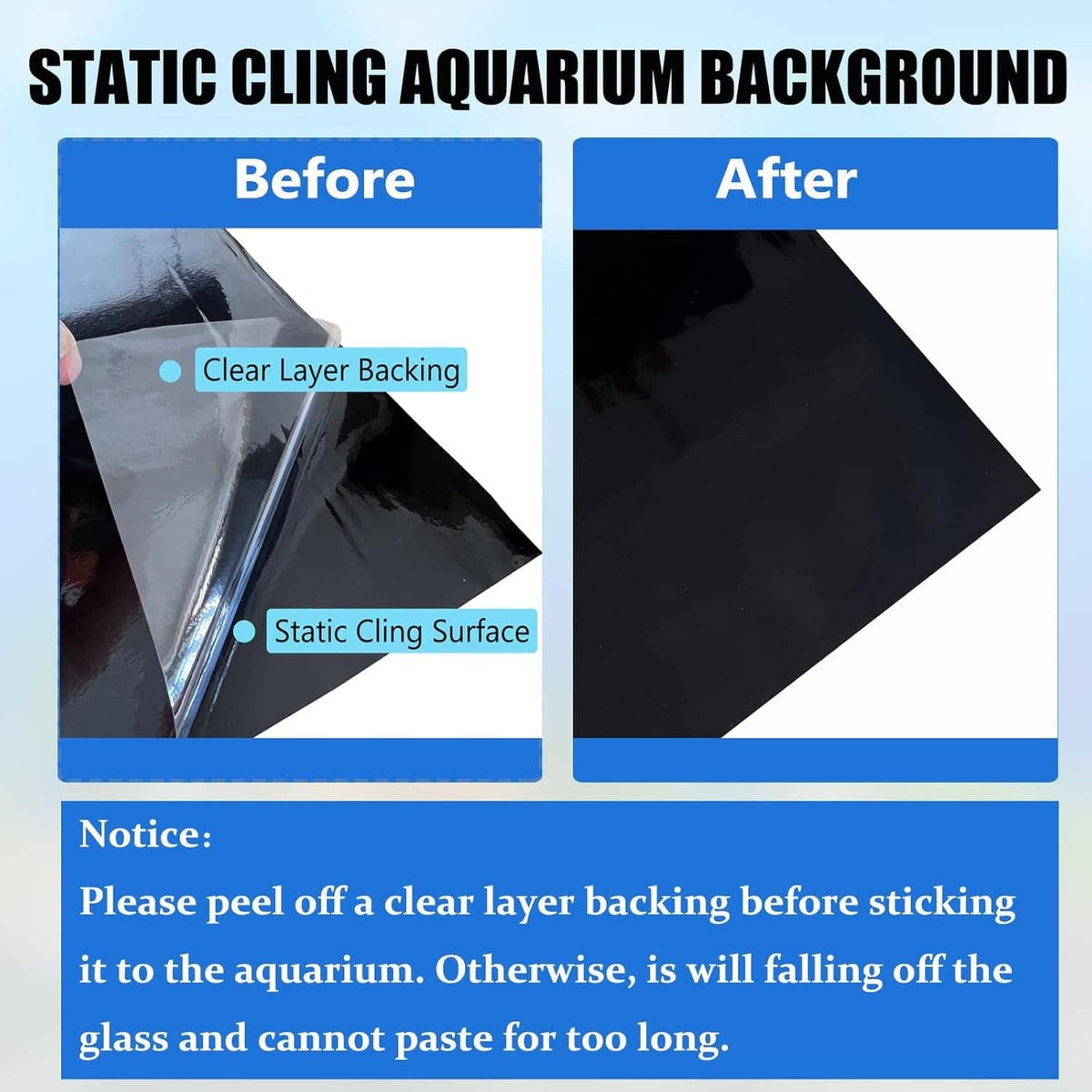 Black static-cling aquarium background, matte sheet shown before and after application