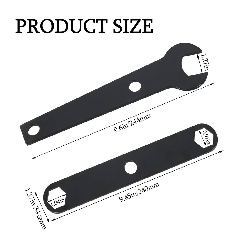 Black table saw blade wrench, circular holes and curved fork end