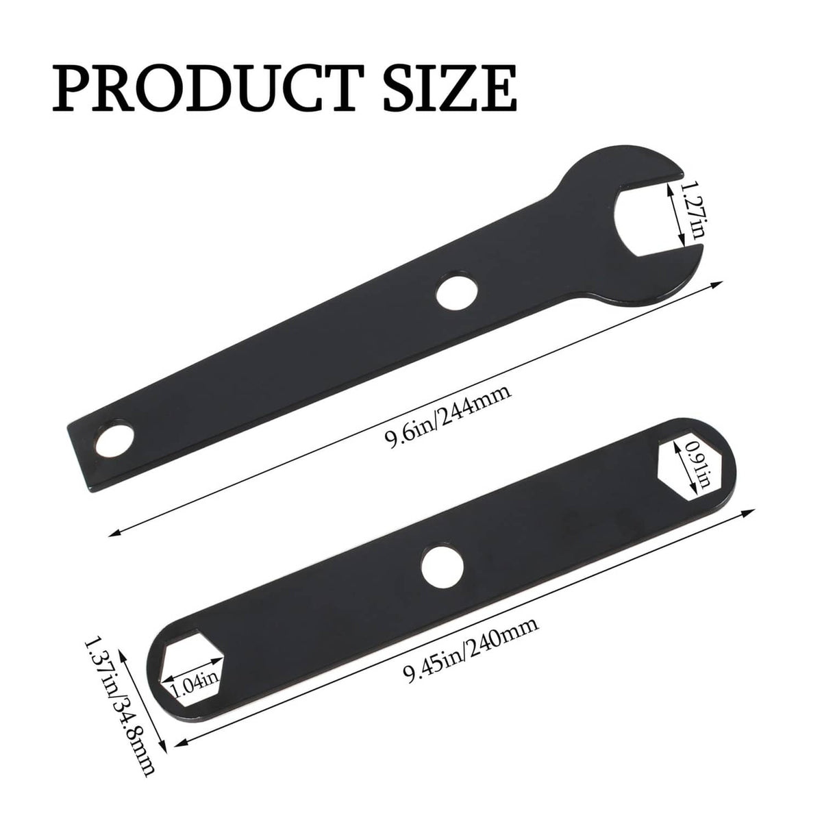 Black table saw blade wrench, circular holes and curved fork end