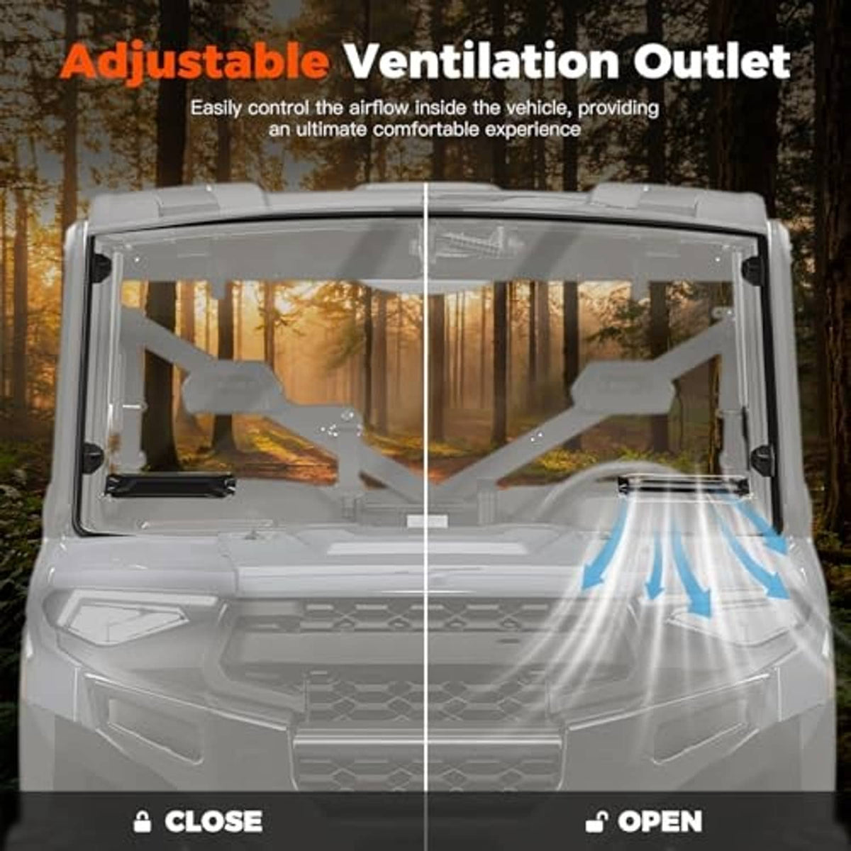 Front UTV windshield with adjustable ventilation outlet at the top