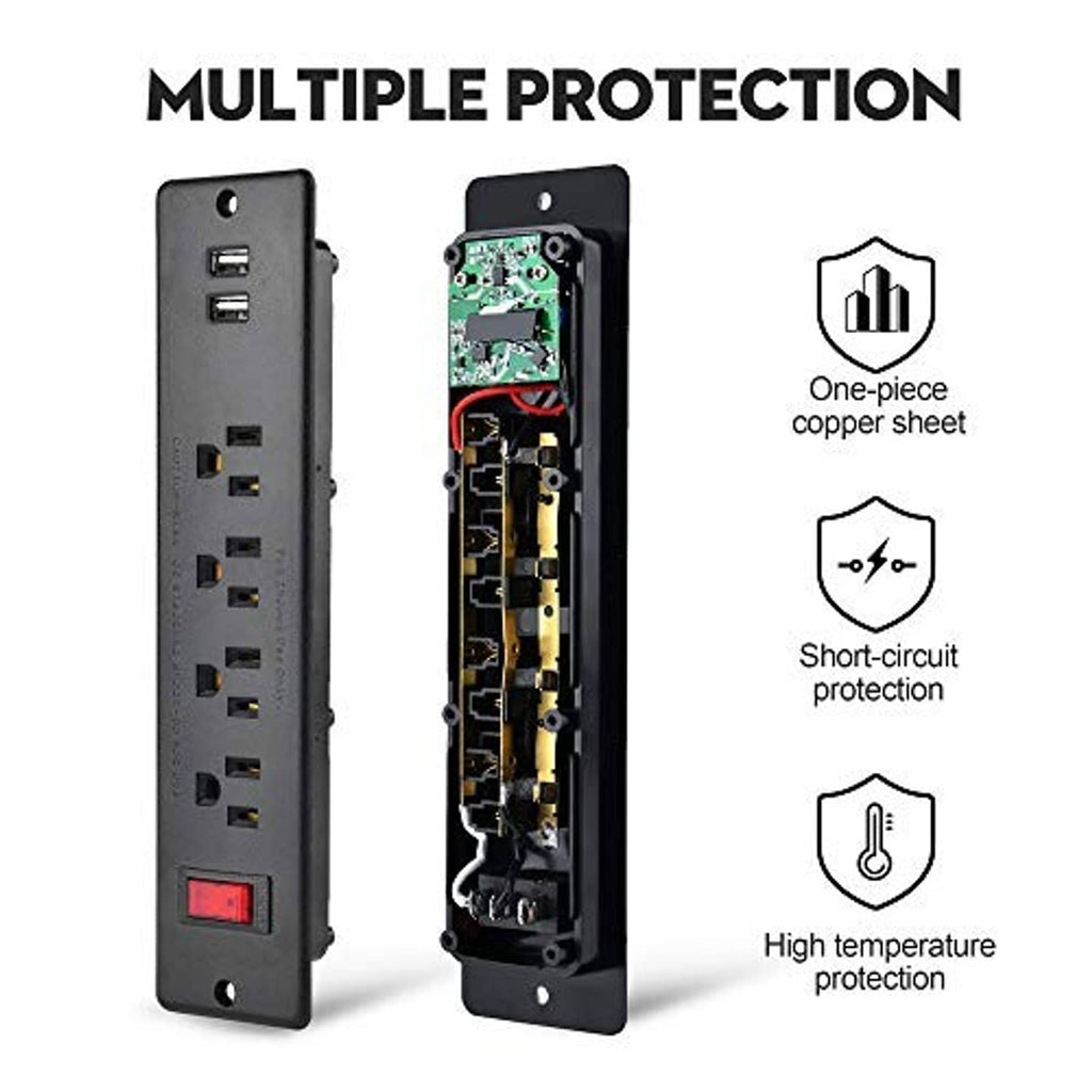 Recessed power strip shown with closed face and open internal circuitry for protection