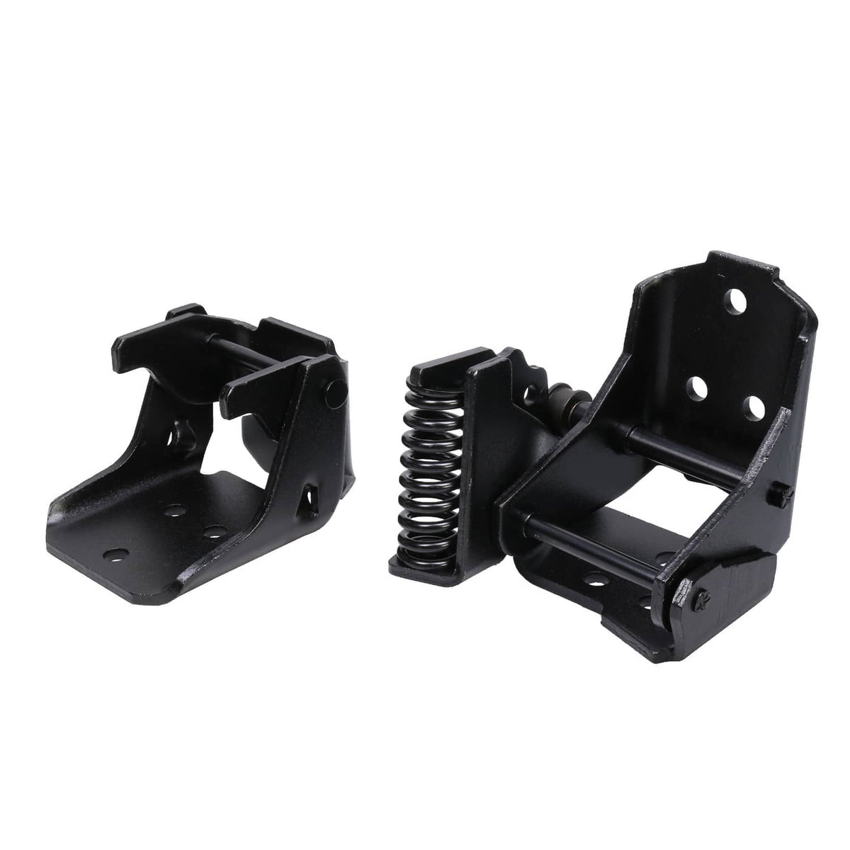 Black door hinge set with coil springs and mounting plates, angled product view.