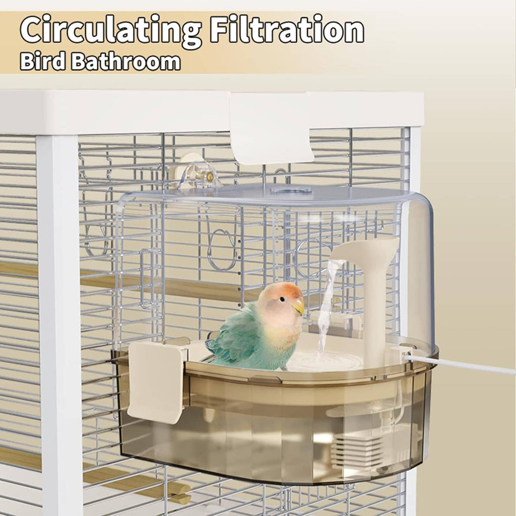 Automatic parakeet bird bath with pump, clear tub with parakeet perched