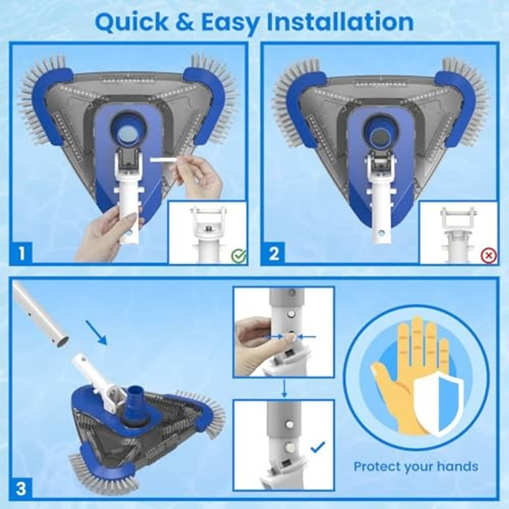 Pool vacuum handle set with quick-lock installation clips and pole connection