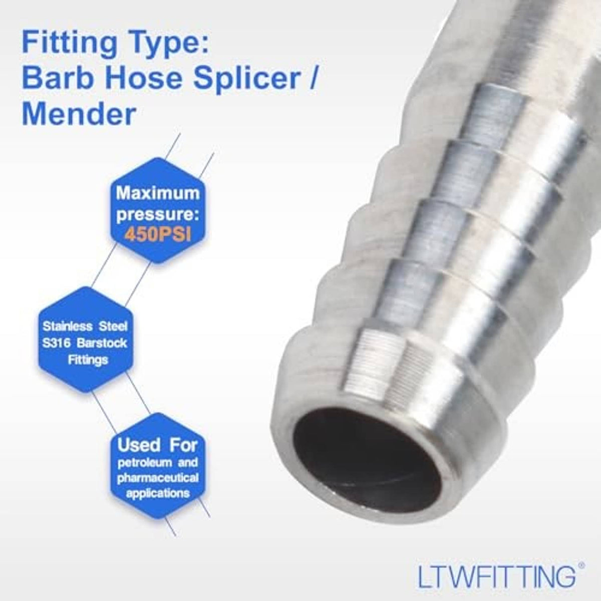 Stainless steel barbed hose splicer mender fitting, ridged barb end with dark inner bore