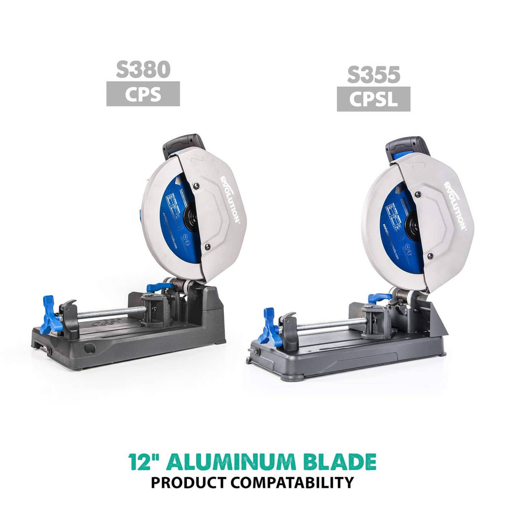 12-inch aluminum cutting saw blade shown with compatible miter saw