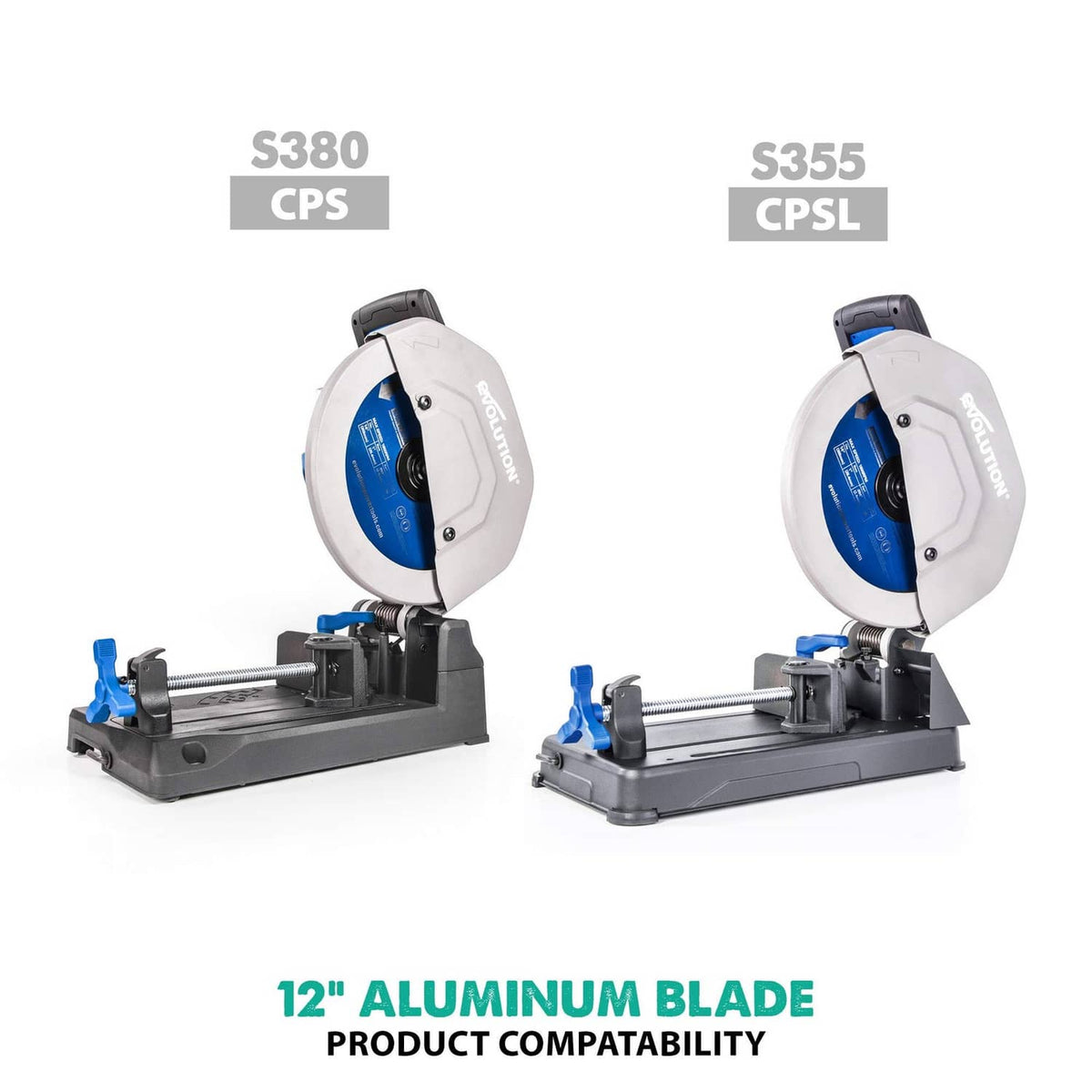 12-inch aluminum cutting saw blade shown with compatible miter saw