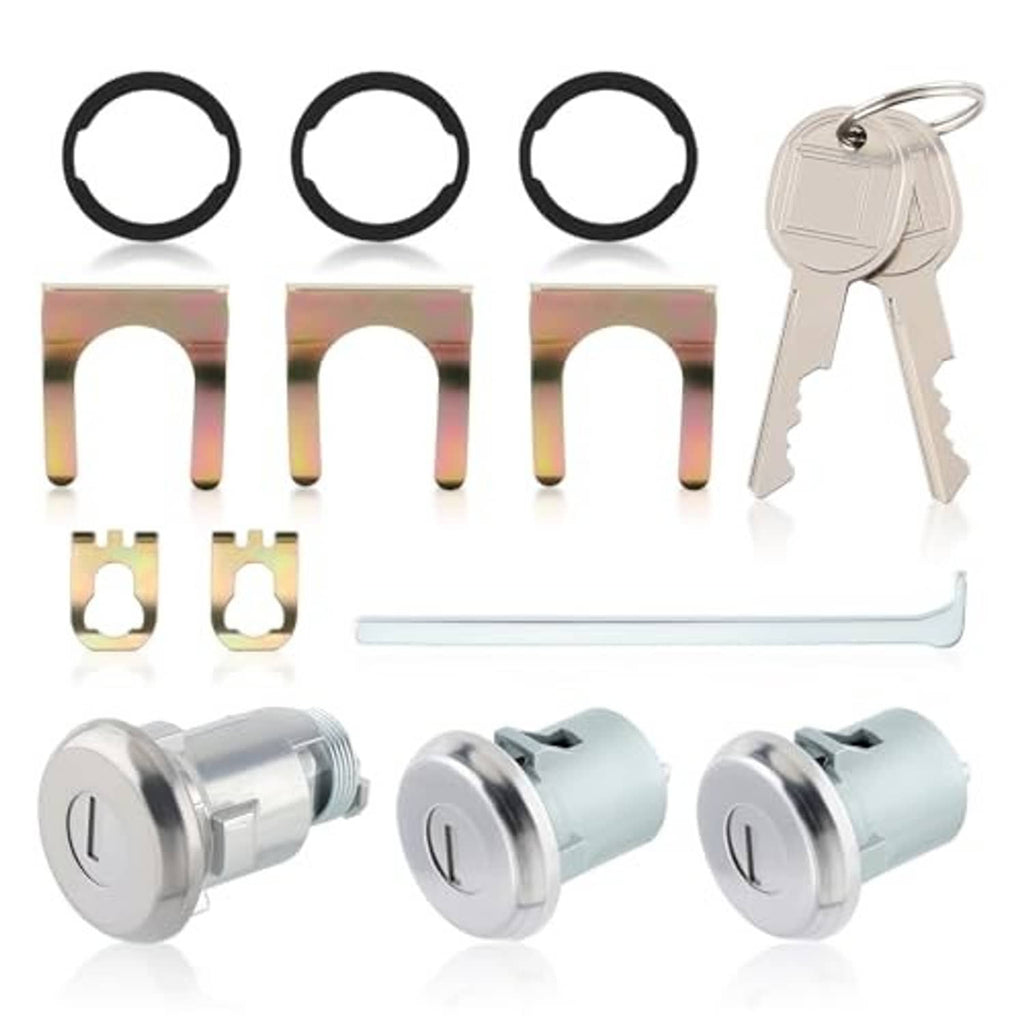 Door lock cylinder set with three cylinders, keys, key plate, and mounting hardware